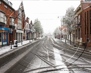 Broad Street, Wokingham in Berkshire on the snowy Sunday morning of the 6th April 2008