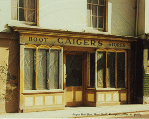 Caigers Boot Store in Peach Street, Wokingham c1980s before it was demolished and replaced by another Charity Shop.  Photograhers: Ken & Edna Goatley