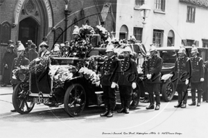 Firemen attending a colleagues funeral outside a church in Rose Street, Wokingham in Berkshire c1920s