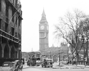 Routemaster Bus and London Austin FX3 Taxi entering Parliament Square in London c1950s