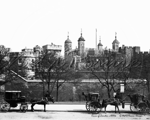 Tower of London together with a rank of 4 wheeler "Growler" cabs in London c1880s