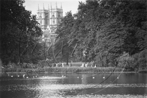 Westminster Abbey from St James Park in London c1939