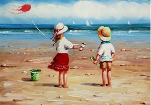 Picture of Seaside - Children with a Kite - O083
