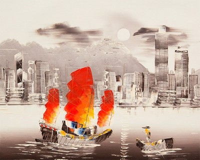Picture of Landscapes - Hong Kong Harbour & Junk Boat - O032