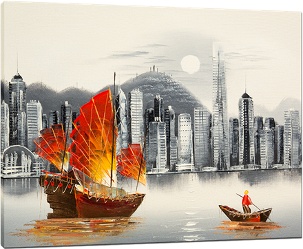 Picture of Landscapes - Hong Kong Harbour & Junk Boat - O033